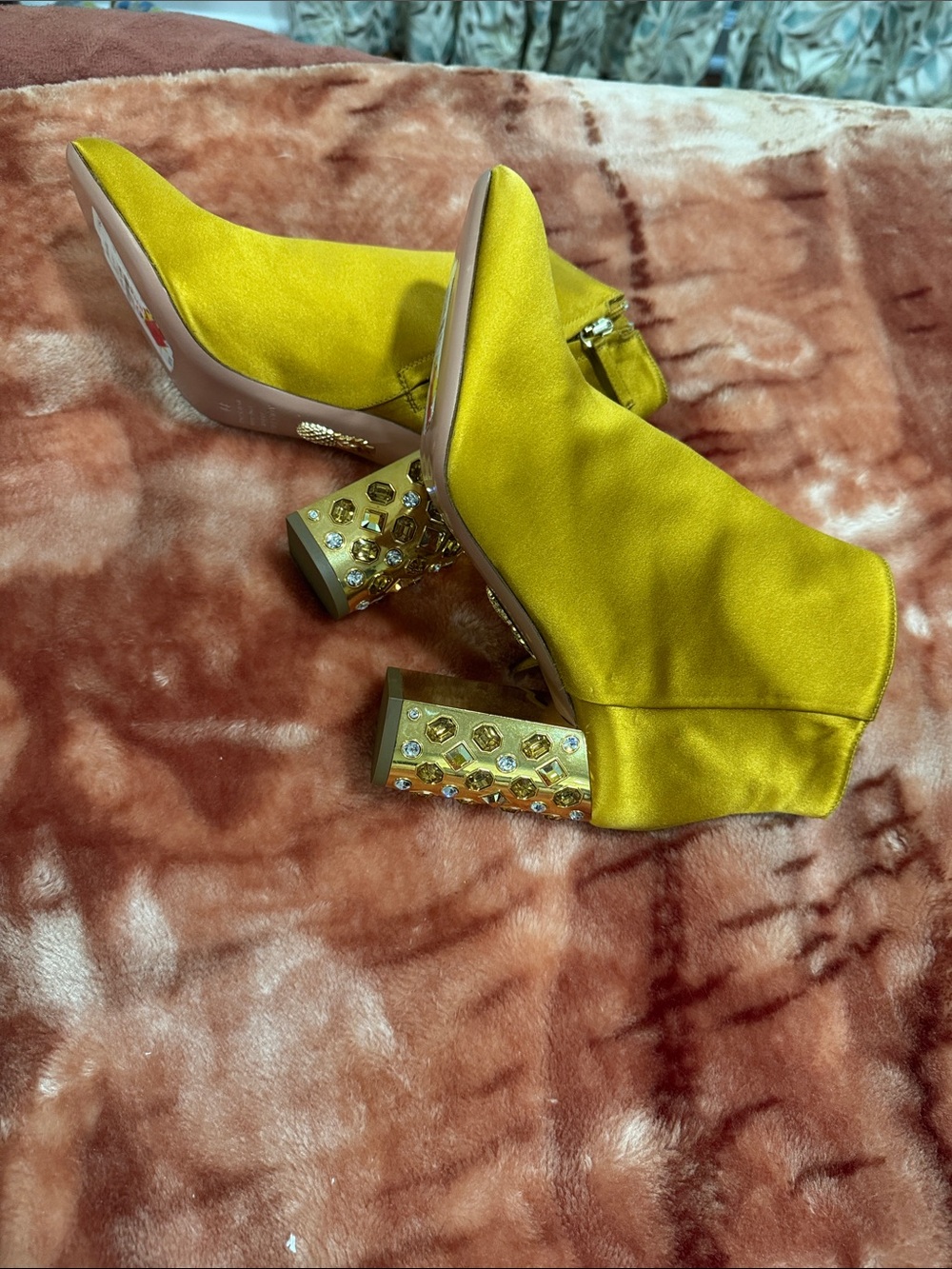 Yellow Crystal-Embellished Block Heel Ankle Boots - Women